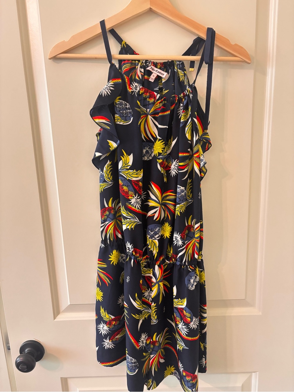 Juicy Couture Tropical Floral Halter Ruffle Mini Dress Navy Blue Size M